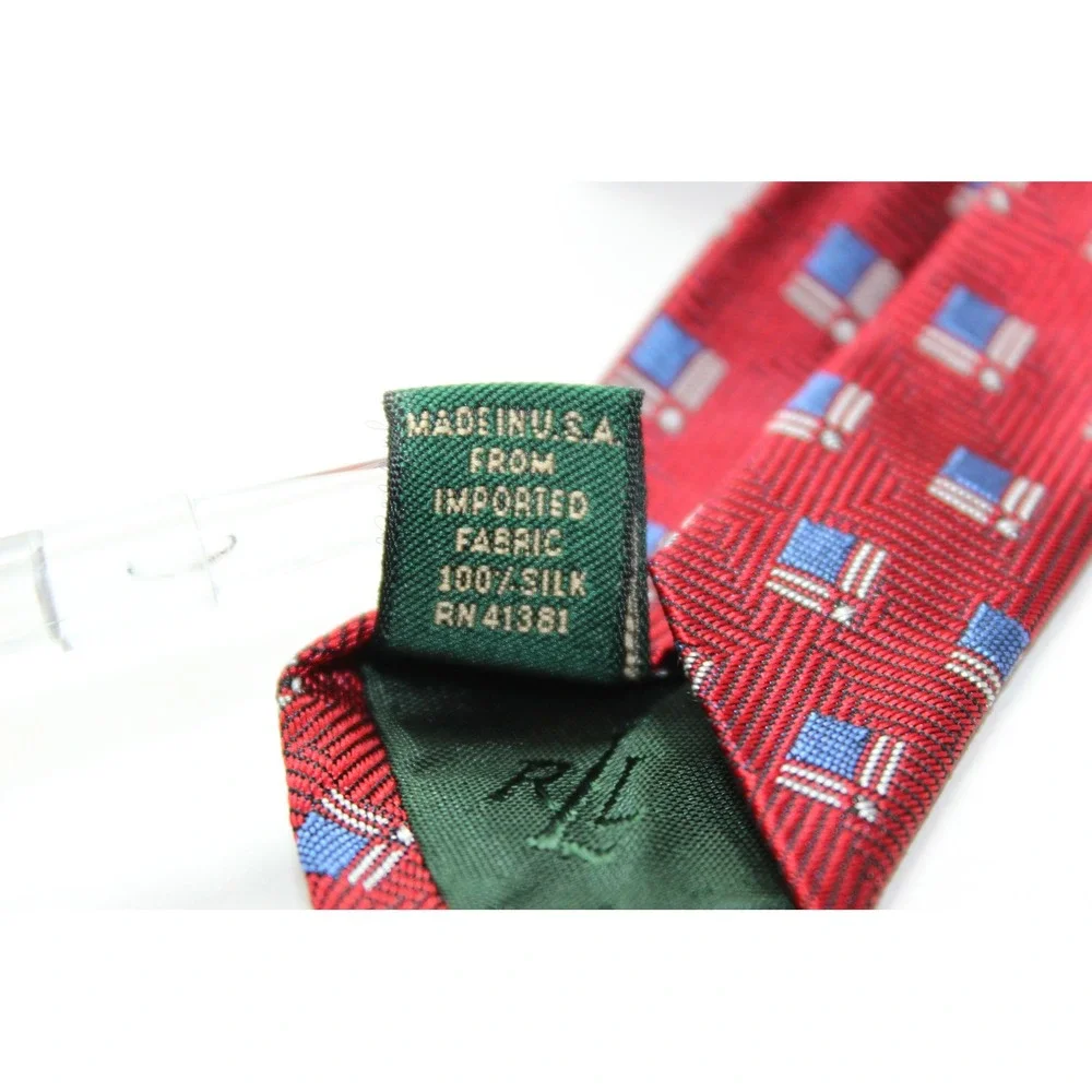 Lauren Ralph Lauren Mens Red Geometric Square Silk Necktie Hand Finished USA‎